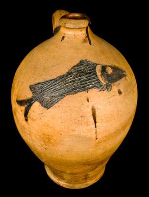 Extremely Fine Ohio Stoneware Jug w/ Incised Fish Decoration