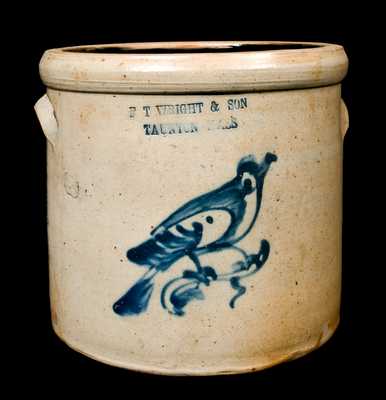 F.T. WRIGHT & SON / TAUNTON MASS Stoneware Crock w/ Bird