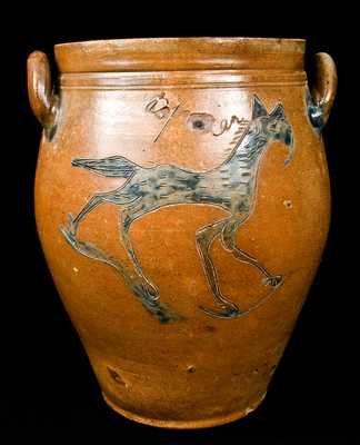 Early Manhattan Stoneware Crock with Incised Fox