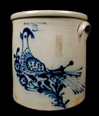 6 Gal. W. Roberts Binghampton, NY Stoneware Crock with Bird Decoration