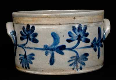 Stoneware Butter Crock with Cobalt Floral Decoration