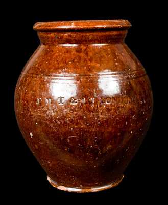 J M T & CO. LONDON Ohio Redware Jar (Morgantown, WV School)