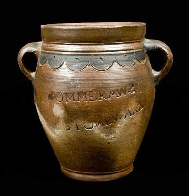 COMMERAWS / STONEWARE Jar w/ Vertical Handles and Compass Decoration