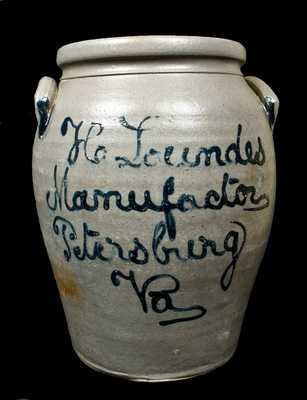 H. Lowndes / Manufactor / Petersburg / Va Stoneware Jar w/ 