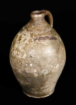 T. WARNE. CO, SOUTH AMBOY Stoneware Jug w/ Incised Bust of a Woman