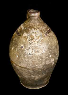 T. WARNE. CO, SOUTH AMBOY Stoneware Jug w/ Incised Bust of a Woman