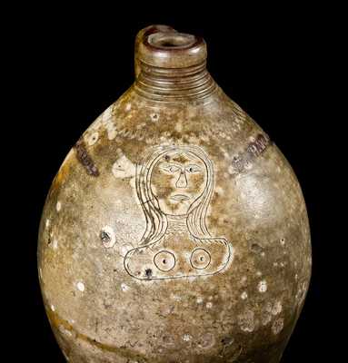 T. WARNE. CO, SOUTH AMBOY Stoneware Jug w/ Incised Bust of a Woman