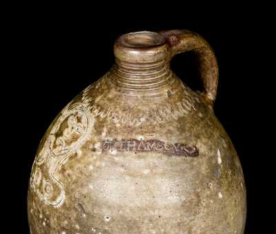 T. WARNE. CO, SOUTH AMBOY Stoneware Jug w/ Incised Bust of a Woman