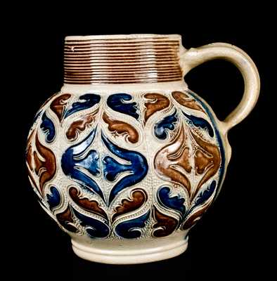 Rare and Fine Westerwald Stoneware Jug w/ Applied Decoration, c1690