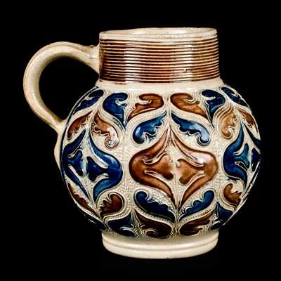 Rare and Fine Westerwald Stoneware Jug w/ Applied Decoration, c1690
