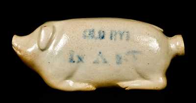 Stoneware Pig Flask Stenciled in Cobalt "OLD RYE IN A---"