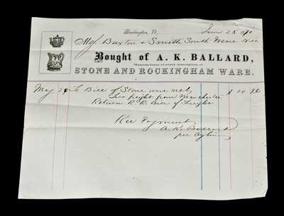 A. K. BALLARD, Burlington, VT Stone and Rockingham Ware Billhead
