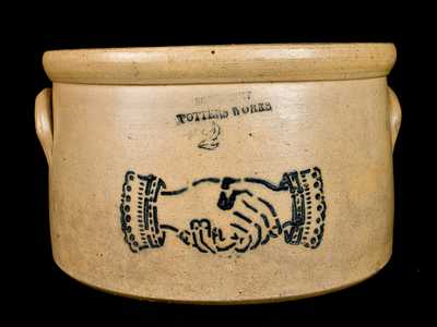 SOMERSET POTTERS WORKS, MA Stoneware Cake Crock w/ Shaking Hands