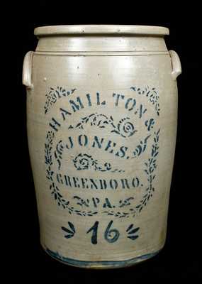 16 Gal. HAMILTON & JONES / GREENSBORO / PA Stoneware Crock