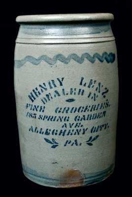 HENRY LENZ / ALLEGHENY CITY, PA (Pittsburgh) Stoneware Advertising Jar