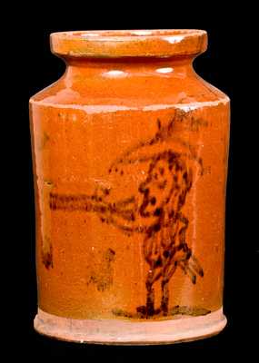 Redware Jar w/ Figure of a Man Firing a Gun