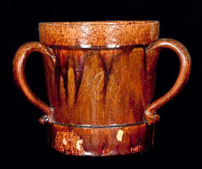 American Redware Loving Cup w/ Dog Decoration, 1892