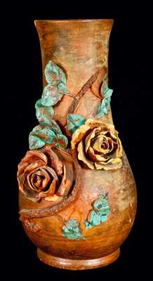American Redware Vase w/ Exceptional Applied Flowers, PA or VA