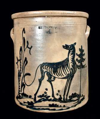 Stoneware Crock with Elaborate Cobalt Dog Scene, WHITES UTICA