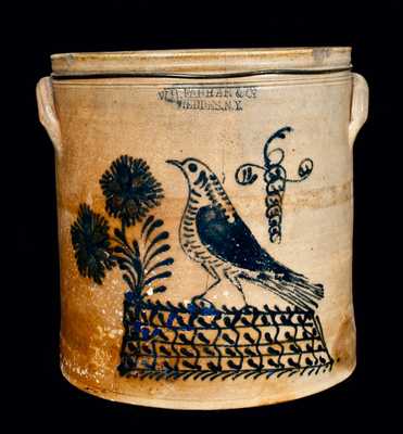 Six-Gallon W.H. FARRAR & CO. / GEDDES, NY Crock w/ Elaborate Bird Design