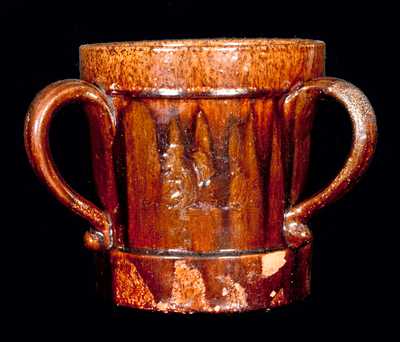 American Redware Loving Cup w/ Dog Decoration, 1892