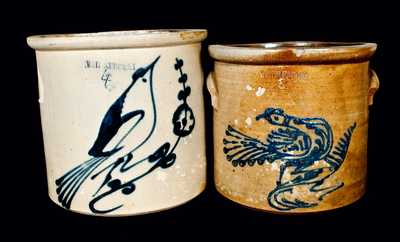(2) Whites Utca Stoneware Crocks w/ Bird Decorations