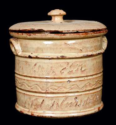 Exceptional West Bloomfield, New York, Redware Presentation Tobacco Jar