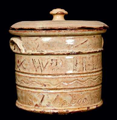 Exceptional West Bloomfield, New York, Redware Presentation Tobacco Jar