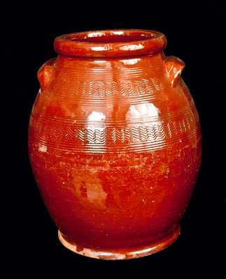 Ovoid Handled Redware Jar with Incised Lines