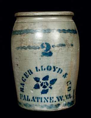 2 Gal. RACER, LLOYD & CO. / PALATINE, W. VA Stoneware Crock