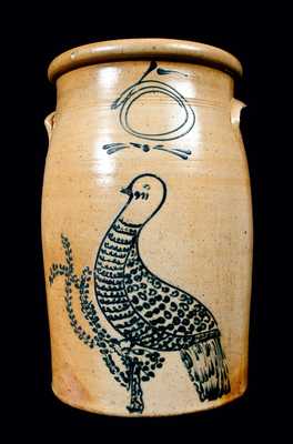 Exceptional 5 Gal. Stoneware Slip-Trailed Bird Churn