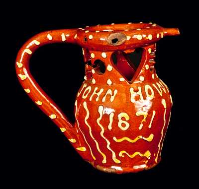 1871 English Redware Presentation Puzzle Jug w/ Cut Out Hearts