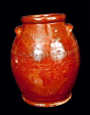 Ovoid Handled Redware Jar with Incised Lines