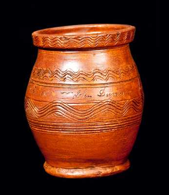 Rare New England Redware Jar Incised 