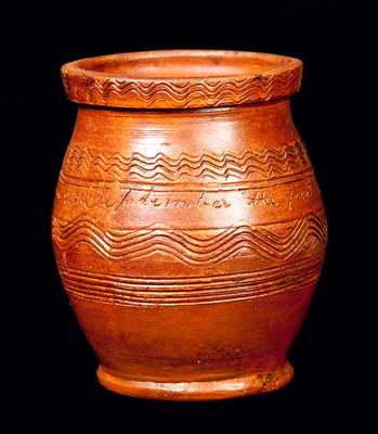 Rare New England Redware Jar Incised "John Dunes / 1835"