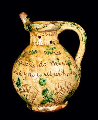 1887 Copper and Lead-glazed Redware Puzzle Jug