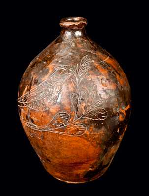 New England Redware Jug with Elaborate Incised Bird