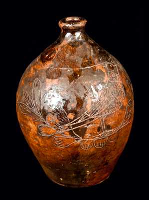 New England Redware Jug with Elaborate Incised Bird