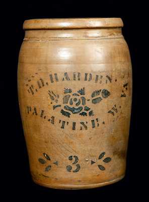 T. D. HARDEN / PALATINE, W. VA 3 Gal. Stoneware Crock