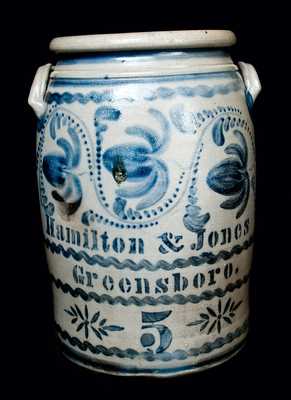 Elaborately Decorated 5 Gal. Hamilton & Jones Stoneware Crock