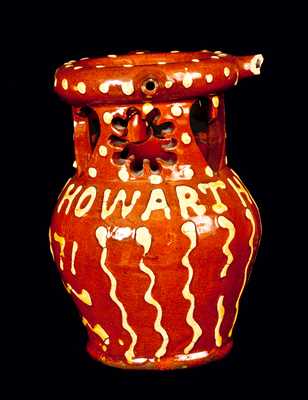 1871 English Redware Presentation Puzzle Jug w/ Cut Out Hearts