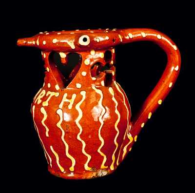 1871 English Redware Presentation Puzzle Jug w/ Cut Out Hearts