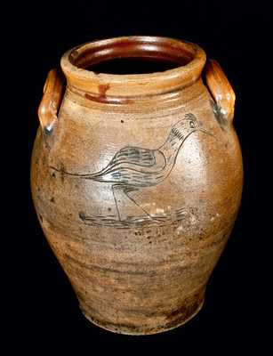 Outstanding Connecticut Stoneware Jar with Incised Shorebird and Tree Decorations