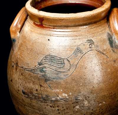 Outstanding CT Stoneware Crock w/ Incised Shorebird and Tree