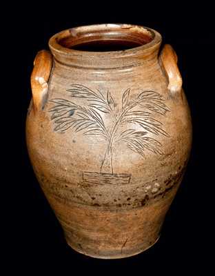 Outstanding CT Stoneware Crock w/ Incised Shorebird and Tree