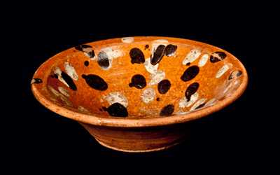 Rare Small North Carolina Redware Dish w/ Yellow- and Brown-Dotted Interior