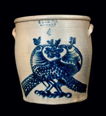 H. M. WHITMAN / HAVANA, N.Y. Stoneware Crock w/ Elaborate Double Bird Decoration