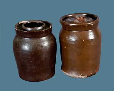 Lot of Two: Albany Slip Stoneware Jars, One Impressed BROWN POTTERY