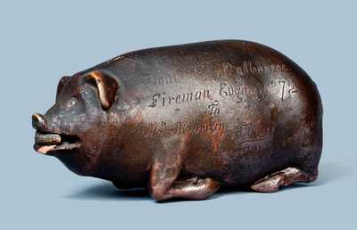 Anna Pottery Pig Bottle w/ Corn Cob in Mouth, From E. P. Munroe / Fireman Engine No 72 / To / Mr Murray / Tinner