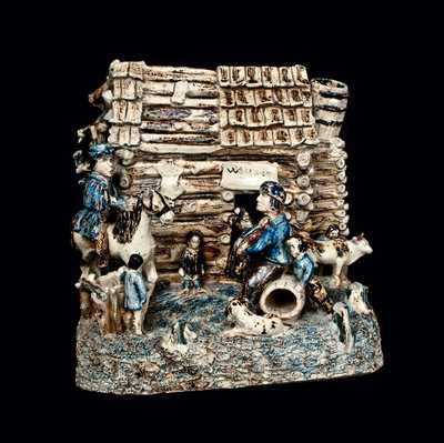 Extremely Rare and Important Stoneware Log Cabin Group (The Arkansas Traveler), probably Anna Pottery